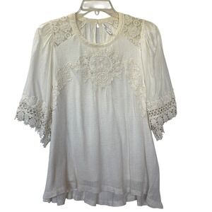 Feather Bone Anthropologie Lace Embroidered Top Women's Large Cream Boho Blouse